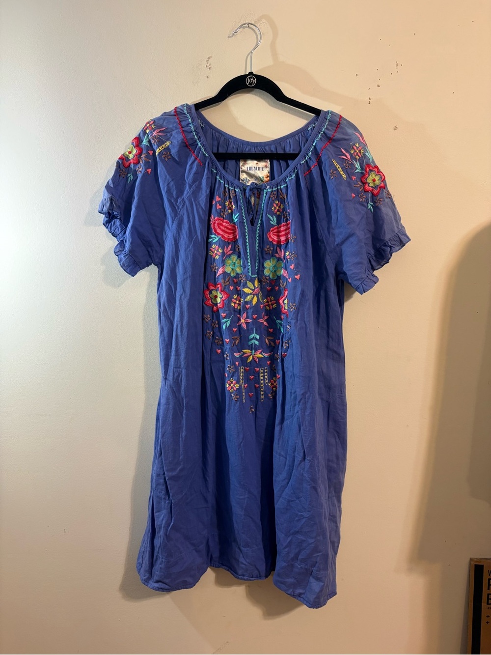 Lula Life dress women’s medium embroidered floral tie front ruffle sleeve dress